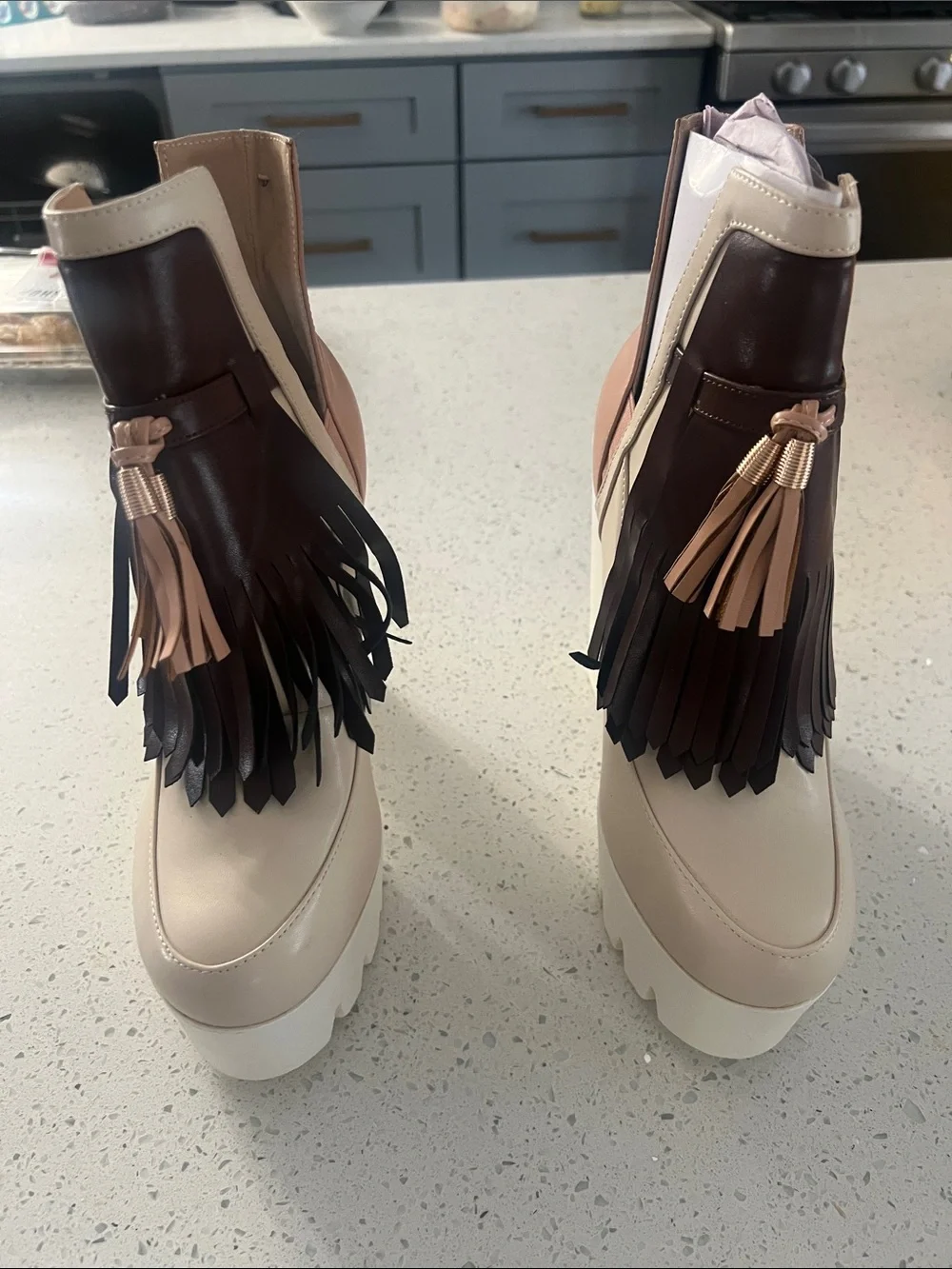 Fringe Tassel Platform Ankle Boots - Beige & Brown